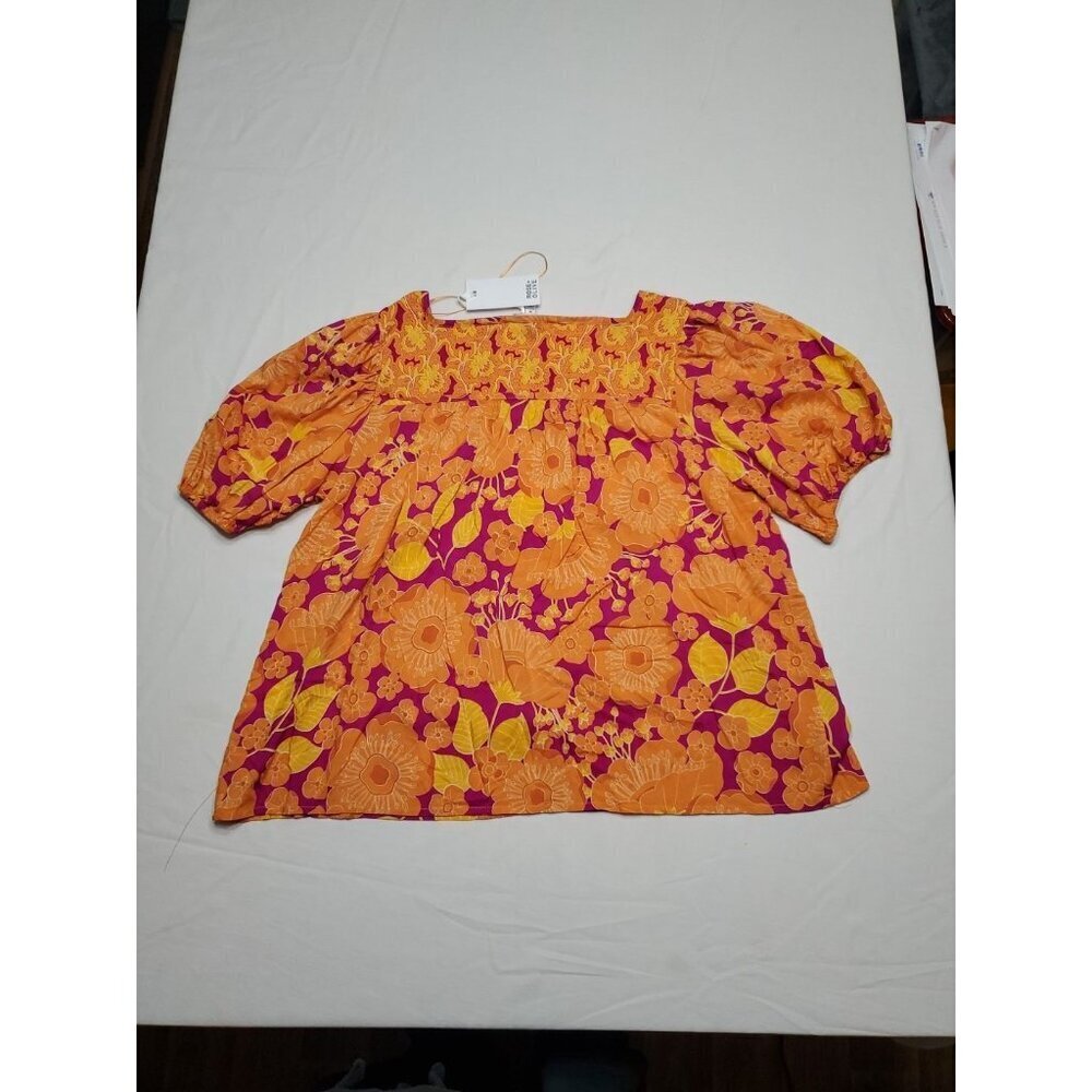 Rose & Olive Top Womens Size M Orange Short Sleeve Floral Boho Button NWT - Picture 4 of 10